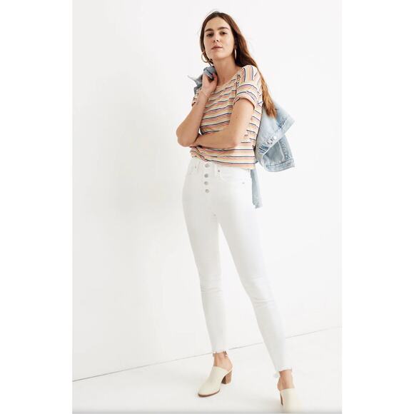 Madewell 10" High Rise Skinny Jeans in Pure White Raw Hem Button Fly Size 31 - Picture 1 of 9